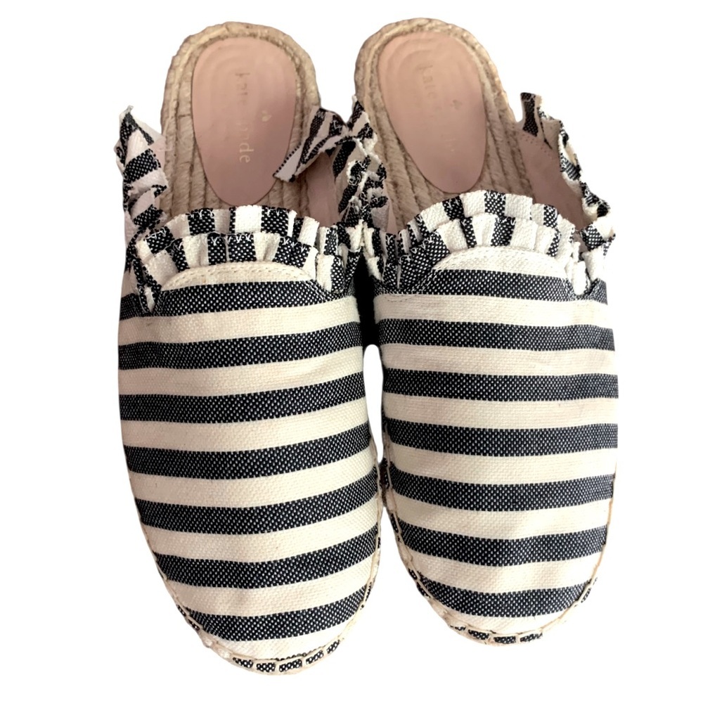 Kate Spade Laila Black Cream Striped Ruffle Trim Espadrille Mules Coastal Sz 9